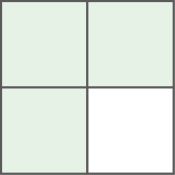 Grafische Darstellung eines quadratischen Rasters mit vier Feldern, davon drei hellgrün und eines weiß.